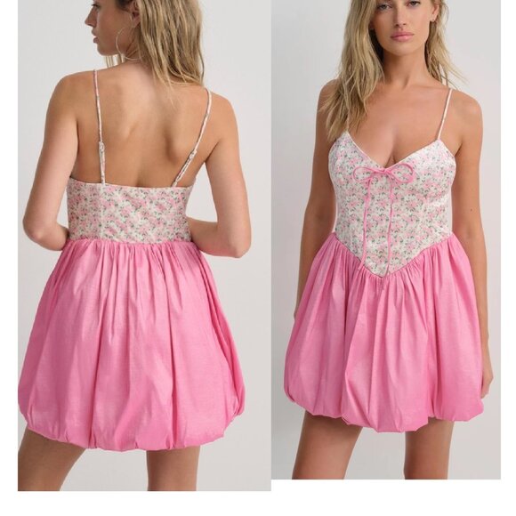 NWOT FOR LOVE AND LEMONS SARIYA PK ROSE VELVET & TAFFETA BUBBLE HEM MINI DRESS S - Picture 2 of 8